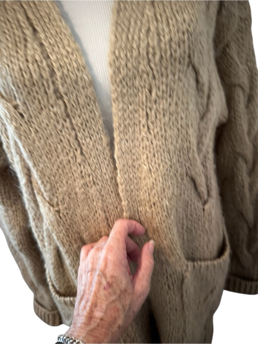 Zara Long Taupe Tan Cable Knit Open Long Line Cardigan with Pockets - Picture 5 of 15